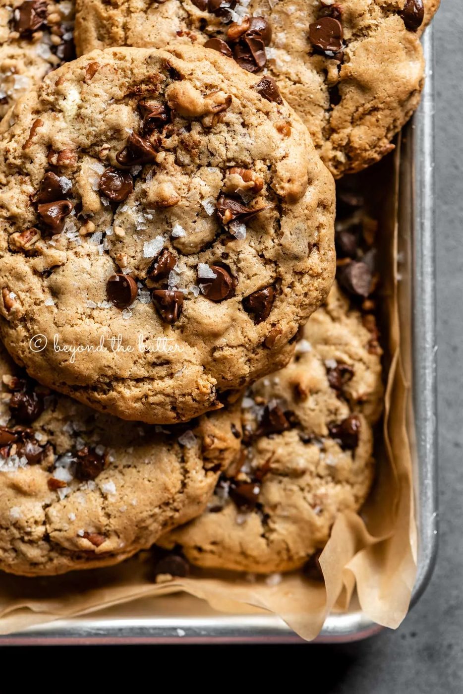 Baking sheet of almond butter chocolate chip pecan cookies | All images © Sovuh