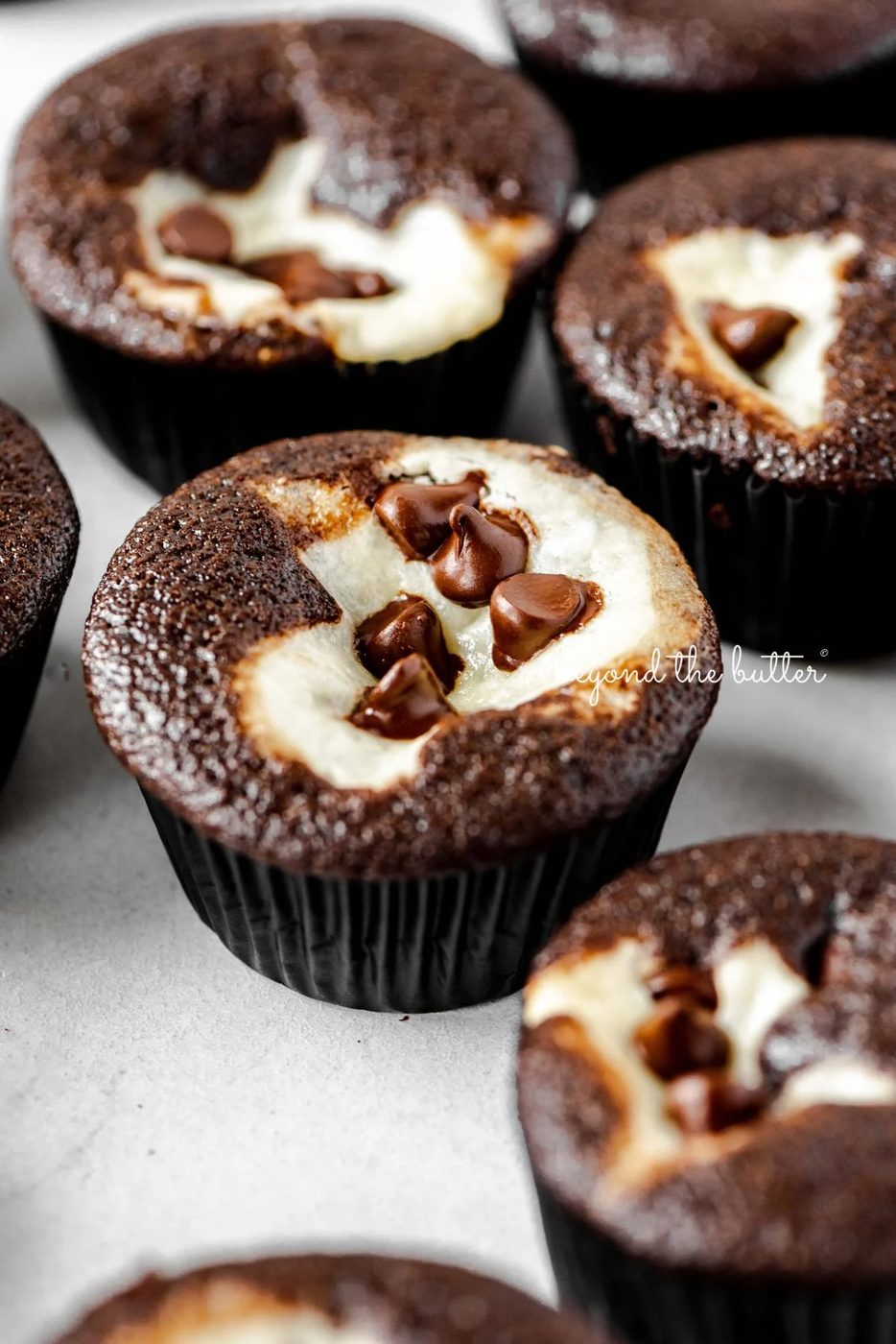 Cream cheese filled chocolate cupcakes topped with semi-sweet chocolate chips randomly placed on a light gray background.