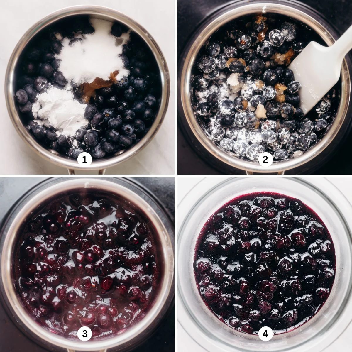 Making house-made blueberry sauce in a medium-size stainless steel sauce pan over induction burner then cooling in a glass bowl on a white background.