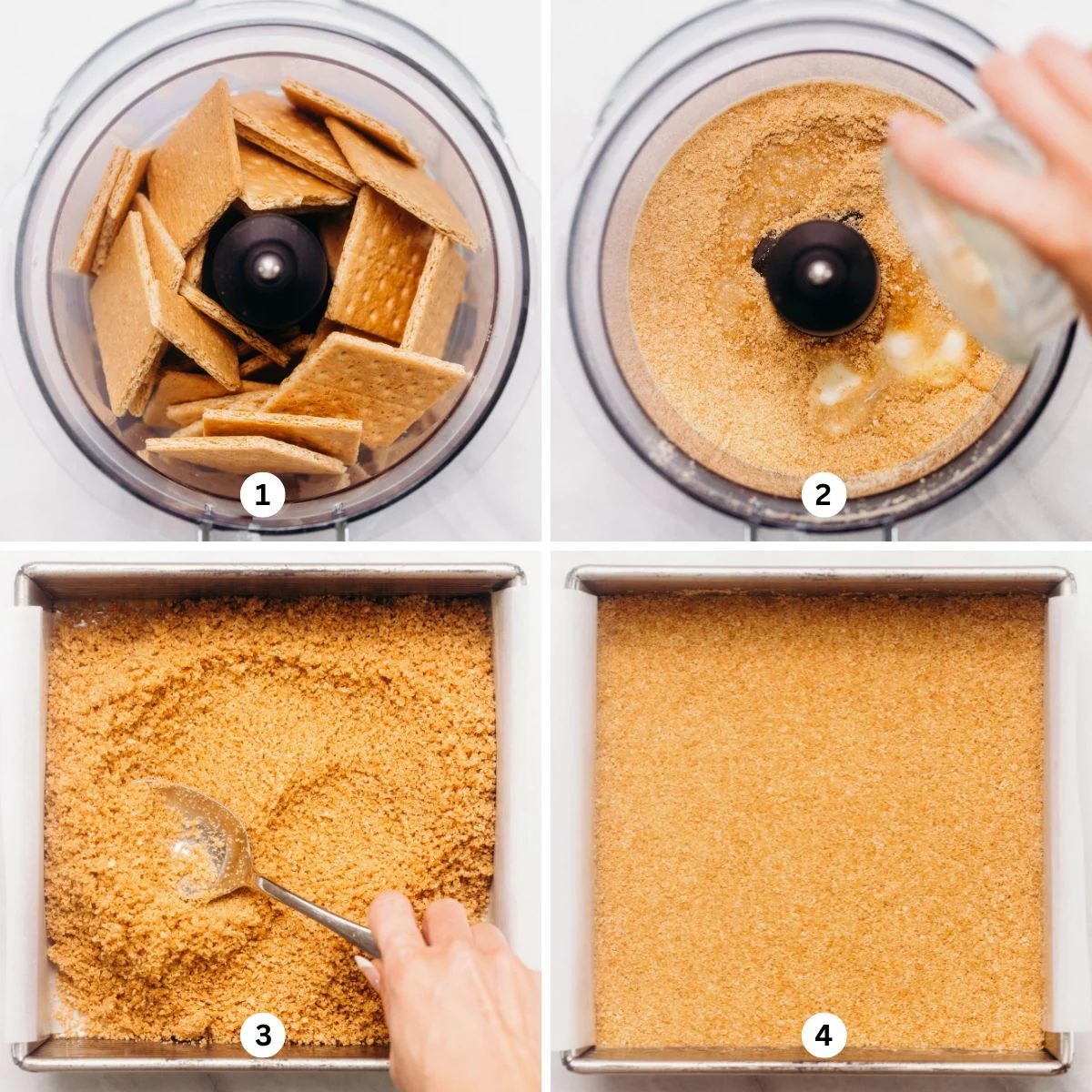 Making a graham cracker crust in a food processor and pressing it into a square eight inch pan on a white background.