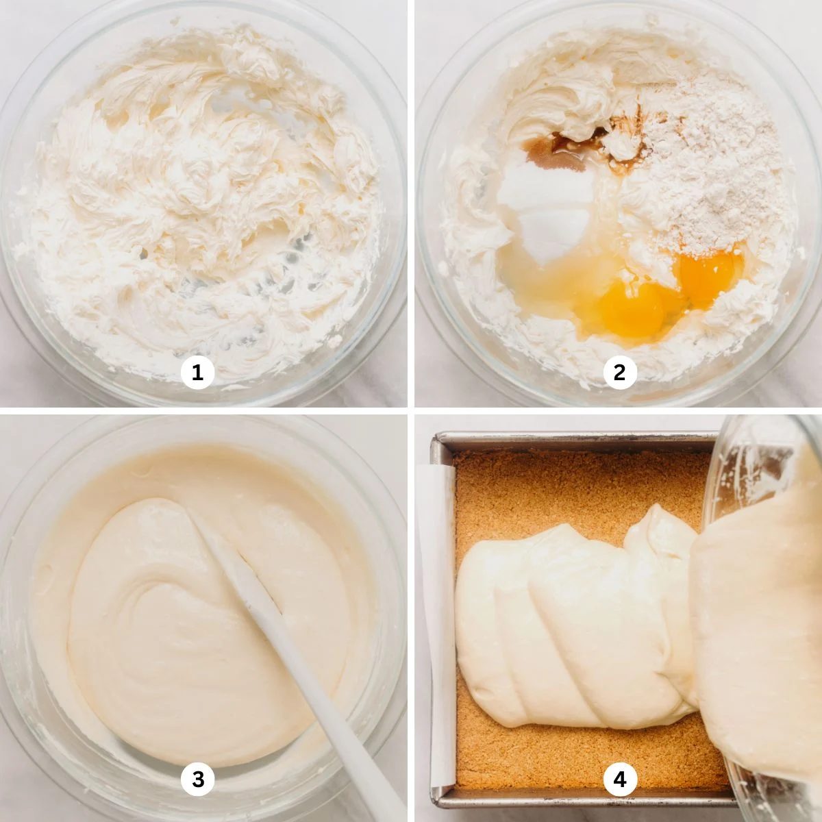 Mixing a vanilla cheesecake batter together in a glass bowl and pouring the batter into a baked graham cracker crust on a white background.