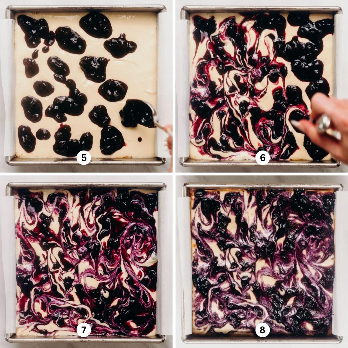 Adding dollops of blueberry sauce to cheesecake filling in a square 8 inch baking pan then swirling the blueberry sauce with a knife to create a marble effect.