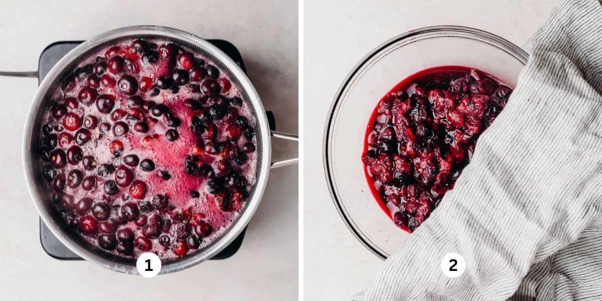 Blanching blueberries in a large saucepan of boiling water on a burner then cooling the mixture in a glass bowl on a white background.