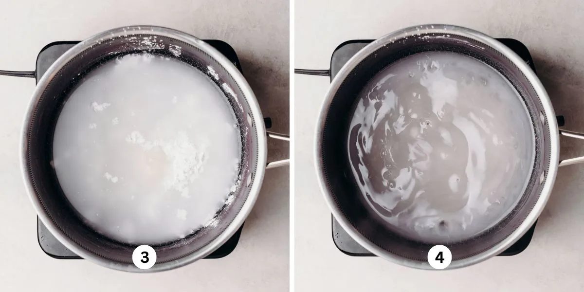 Dissolving sugar and clear jel with water in a a large saucepan to make a pie filling.