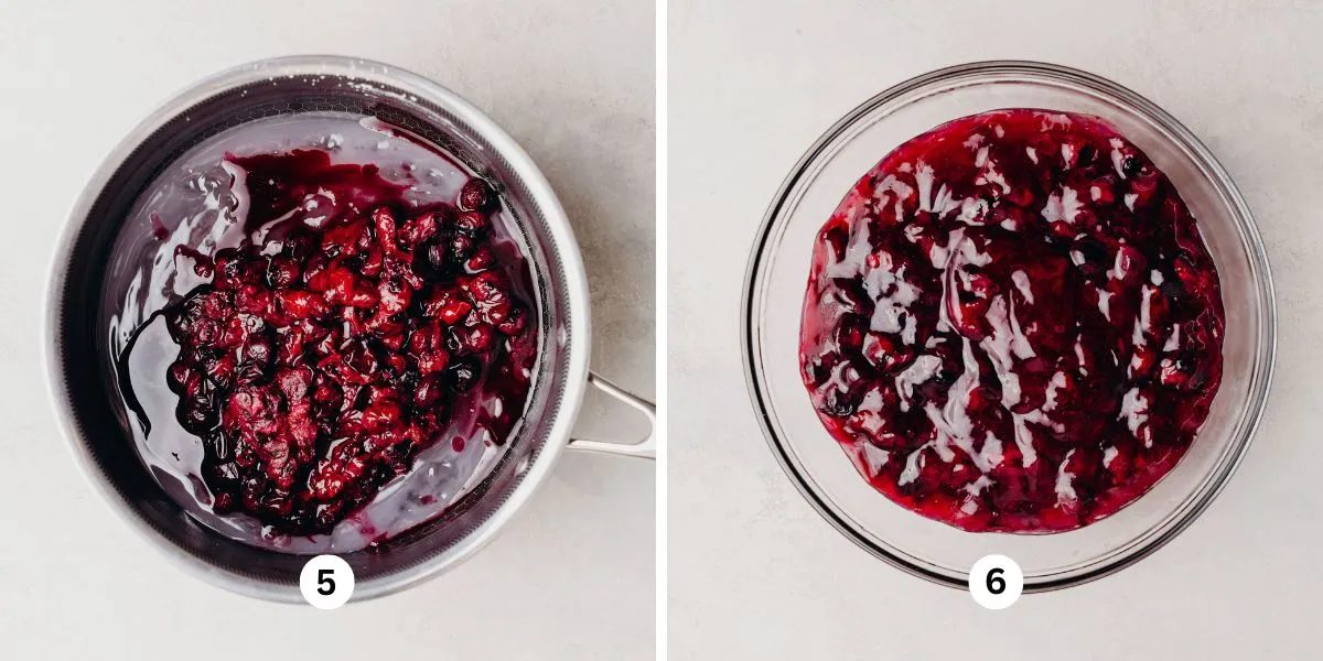 Making house-made blueberry pie filling in a large saucepan then letting it cool in a glass bowl.