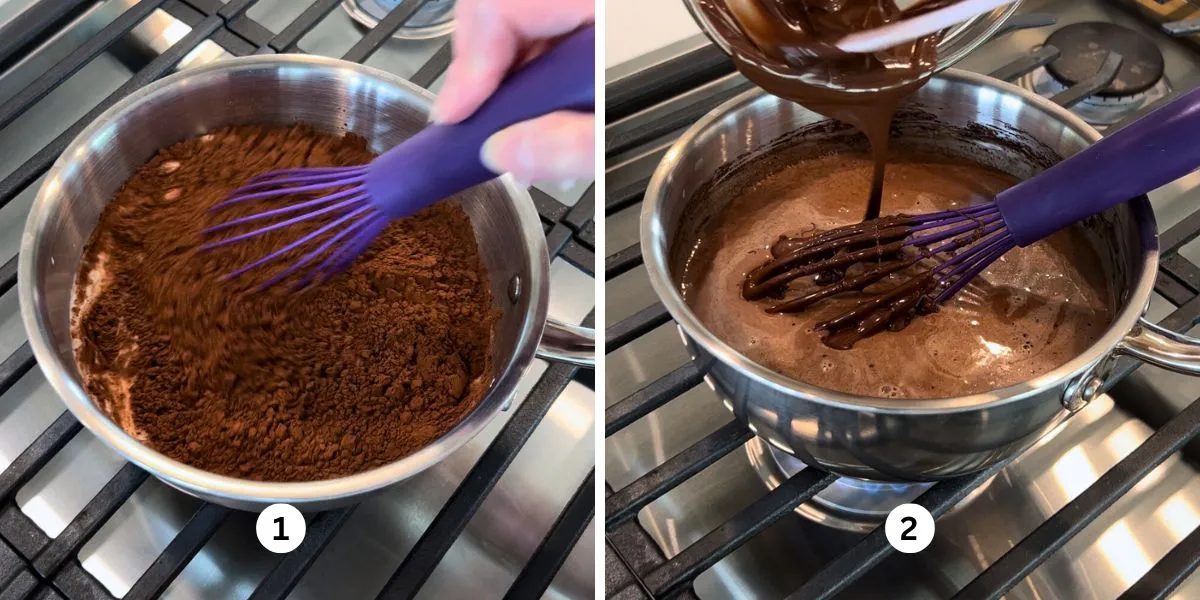 Whisking heavy cream, whole milk, dutch process cocoa powder, granulated sugar, salt, vanilla extract, and melted chocolate together in a stainless steel pan over medium heat.