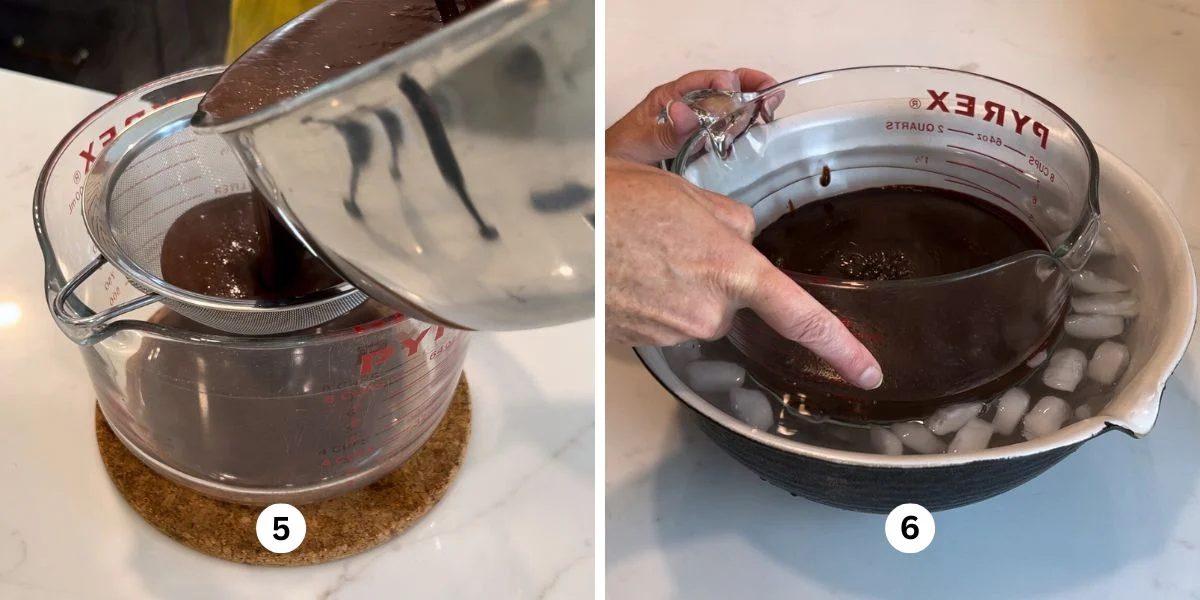 Pouring the chocolate custard ice cream base through a fine mesh sieve then chilling it to room temperature in a large bowl of ice water.