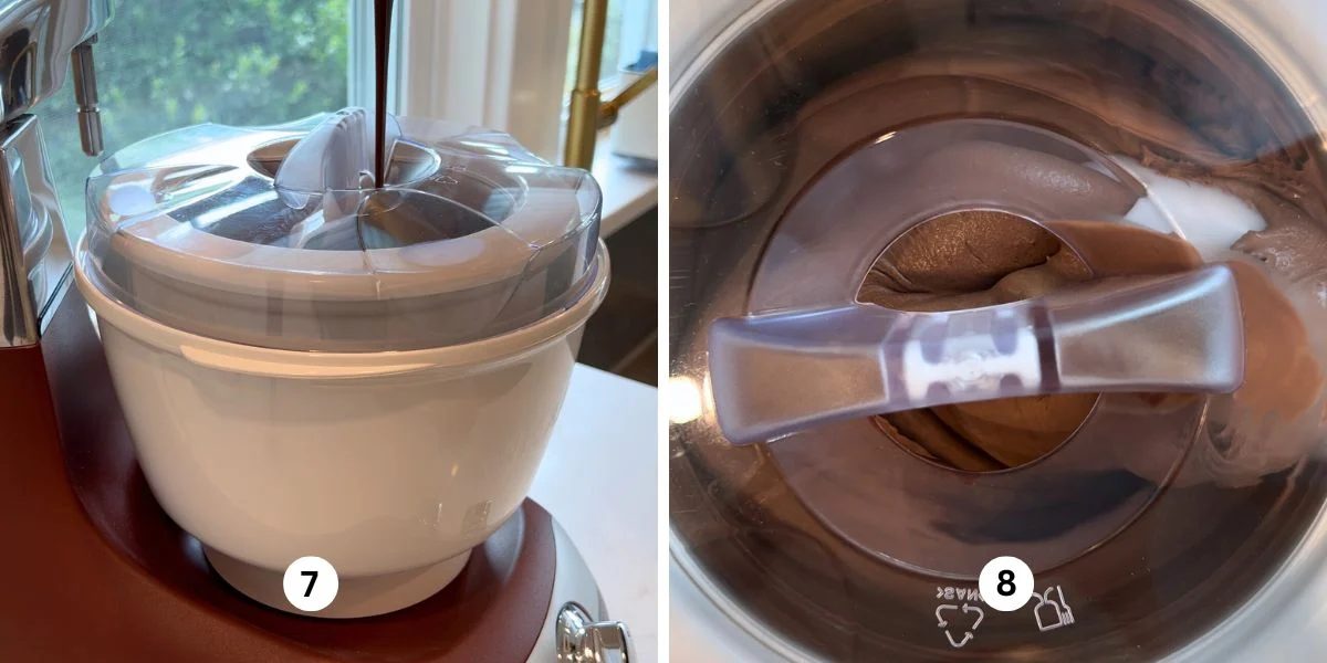 Making chocolate ice custard cream in the rustic maroon Ankarsrum mixer and ice cream maker attachment.