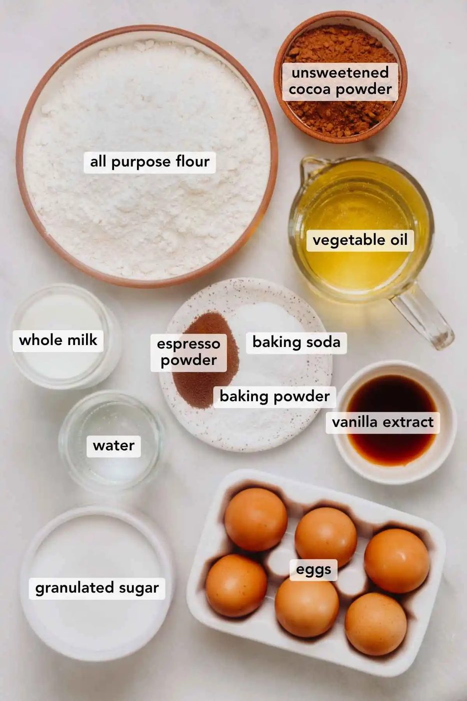 Ingredients in various size bowls labeled as all purpose flour, unsweetened cocoa powder, vegetable oil, whole milk, espresso powder, baking soda, baking powder, vanilla extract, water, eggs, and granulated sugar on a white marbled background.