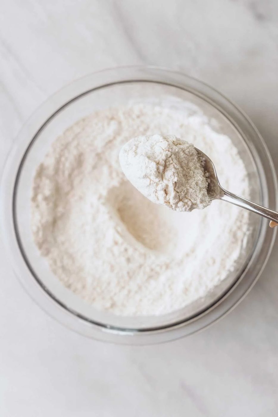 Whisked all purpose flour, baking powder, and salt together, reserving a few tablespoons of the mixture for coating mini chocolate chips in.