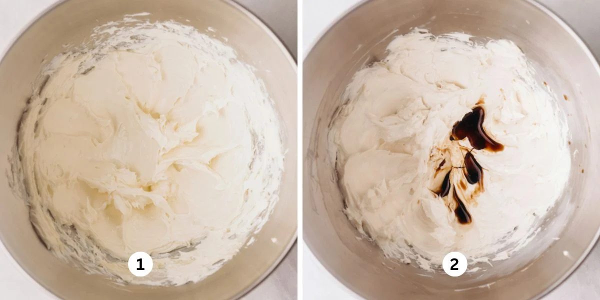 Mixing cream cheese, unsalted butter, and vanilla extract together in a stainless steel bowl on a white background.