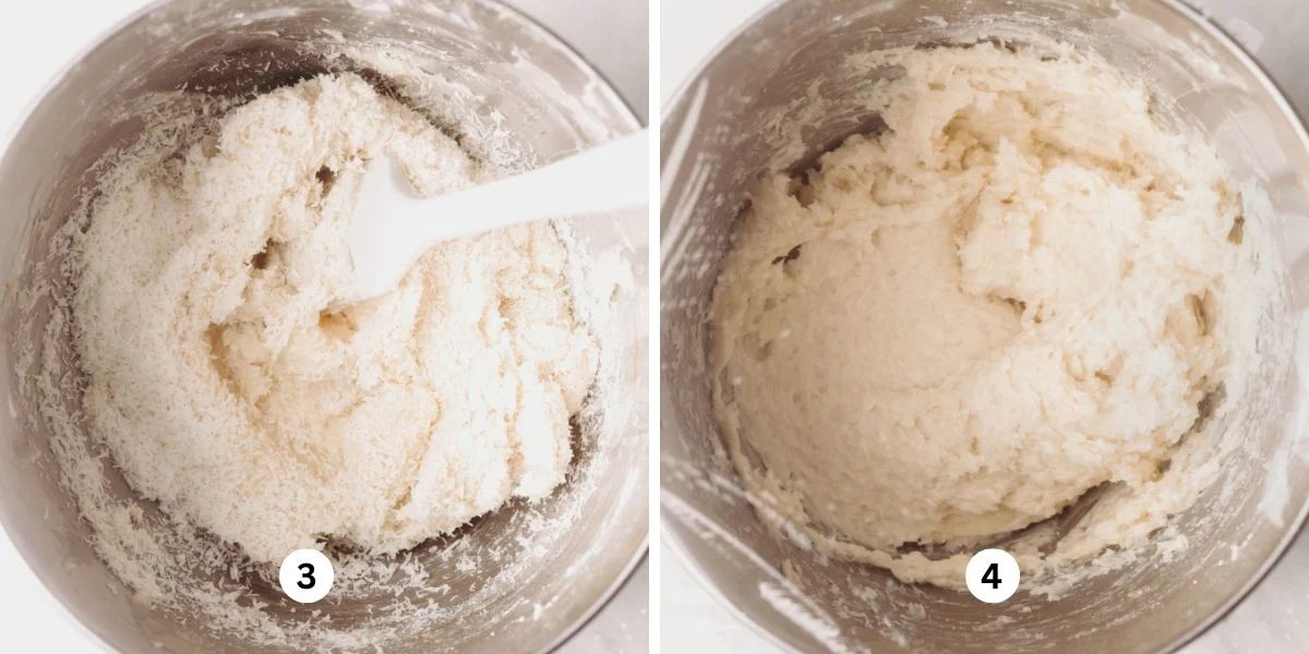 Adding powdered sugar and coconut flakes to coconut buttercream eggs mixture in a stainless steel bowl on a white background.