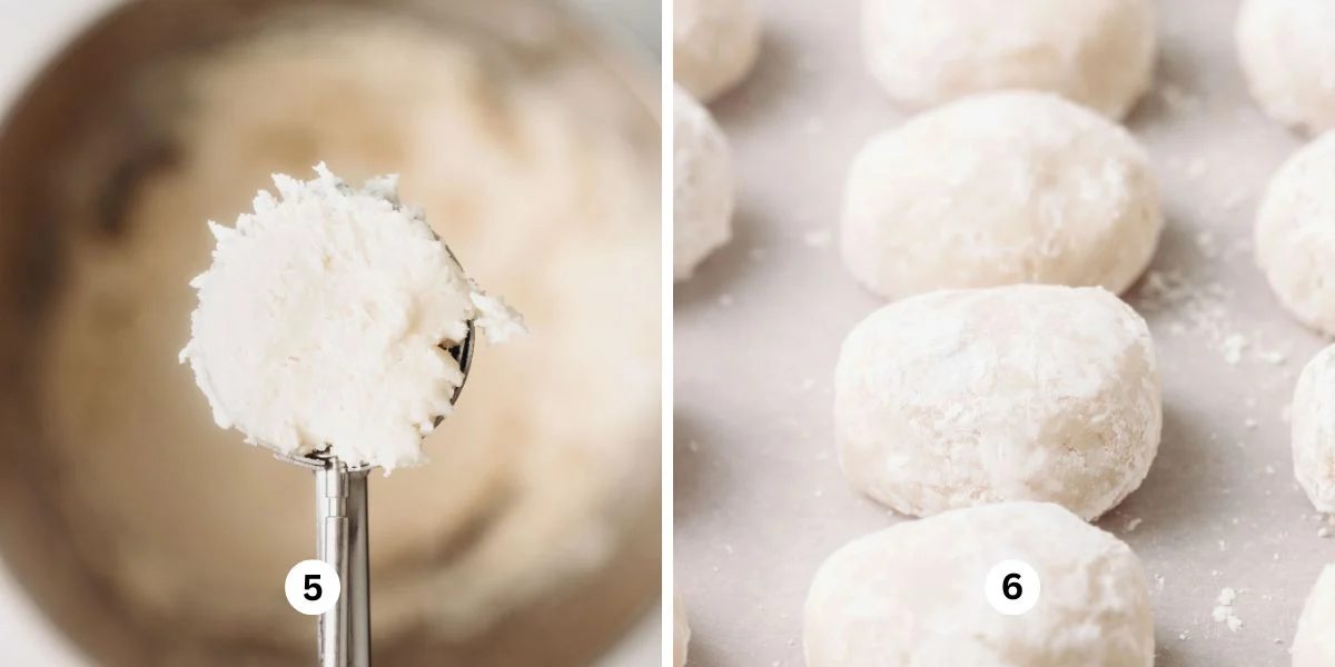 Scooping coconut buttercream egg mixture, shaping them place on a white parchment paper-lined baking sheet.