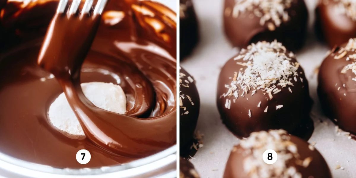 Dipping coconut buttercream eggs in melted chocolate then adding a sprinkle of toasted coconut flakes.