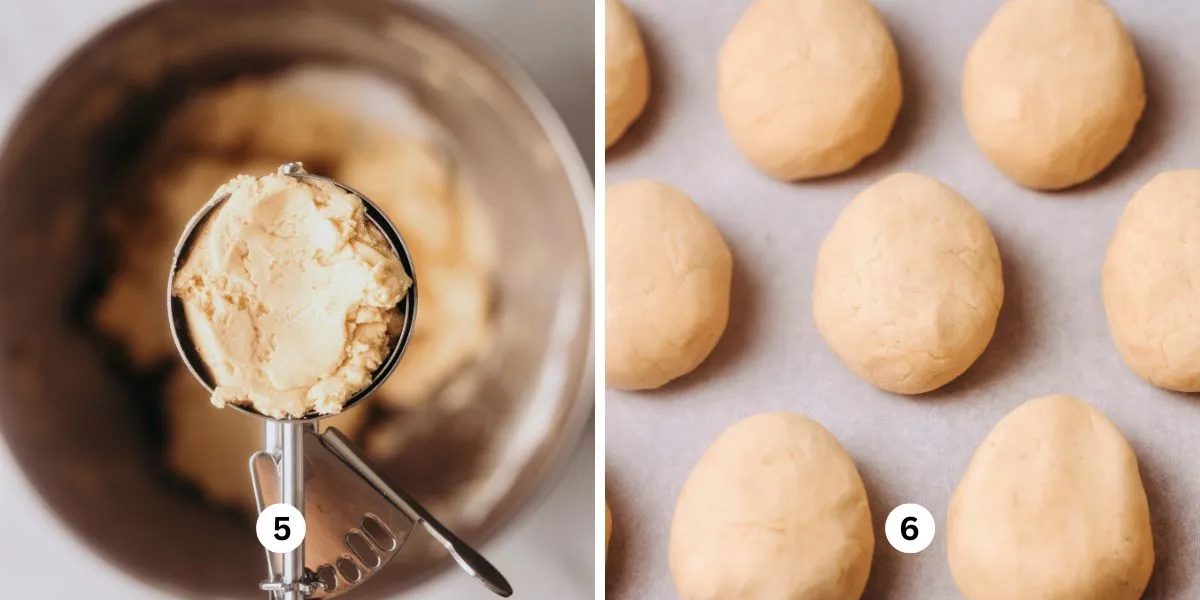 Scooping peanut butter eggs mixture into egg shapes then placing onto a wax paper lined baking sheet.