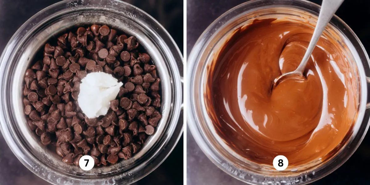 Melting chocolate chips and vegetable shortening in a glass bowl placed over a saucepan and burner.