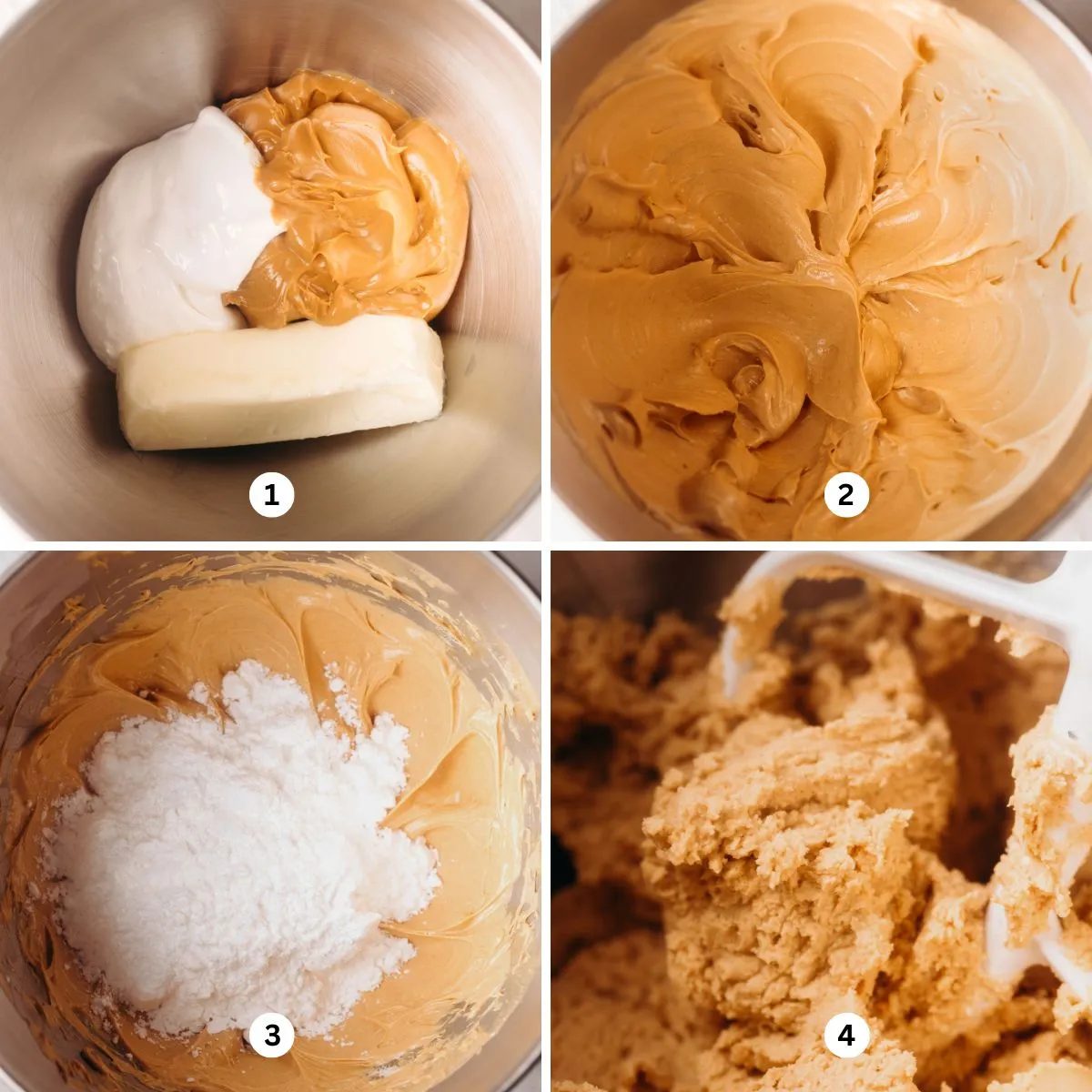 Mixing butter, marshmallow fluff, and peanut butter together, then adding in powdered sugar in a stainless steel mixing bowl.