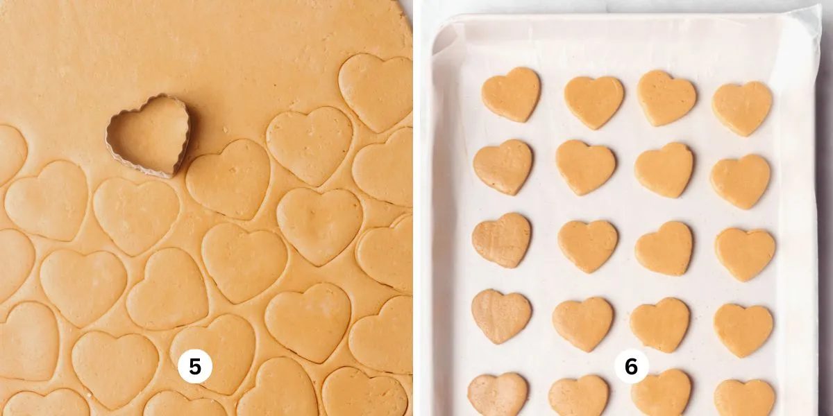 Rolled out peanut butter hearts mixture and cut out peanut butter hearts on wax paper lined baking sheets.