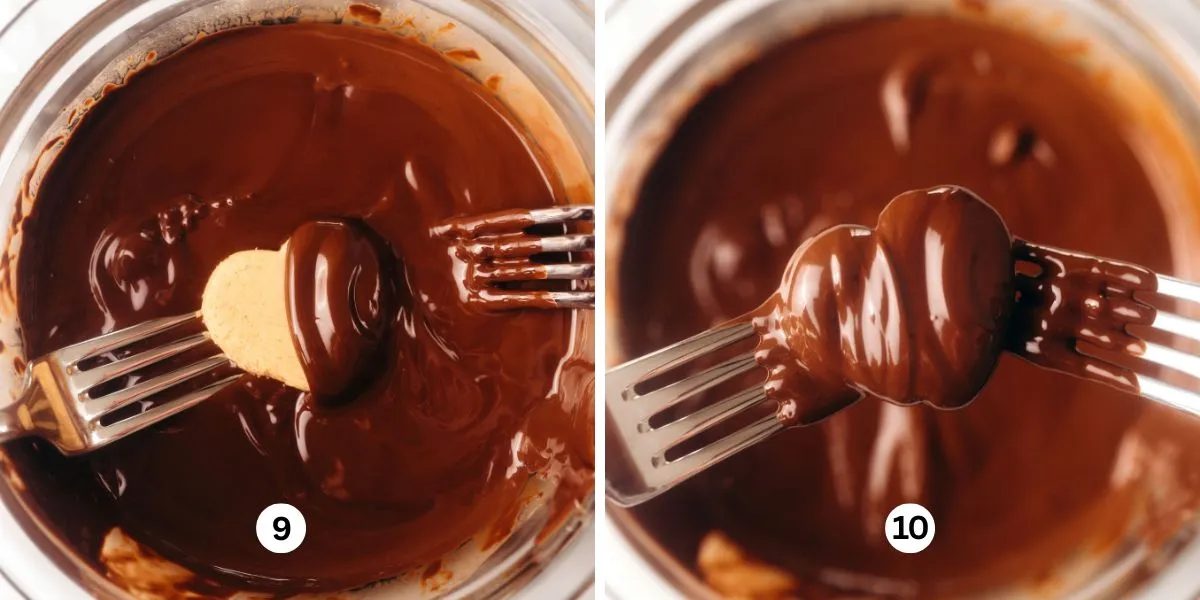 Dipping the chilled peanut butter hearts into melted chocolate in a glass bowl.