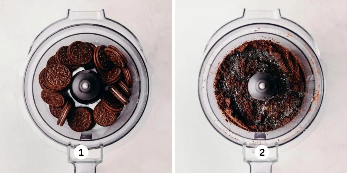 Chocolate sandwich cookies in a food processor, then processed with melted butter on a white background.