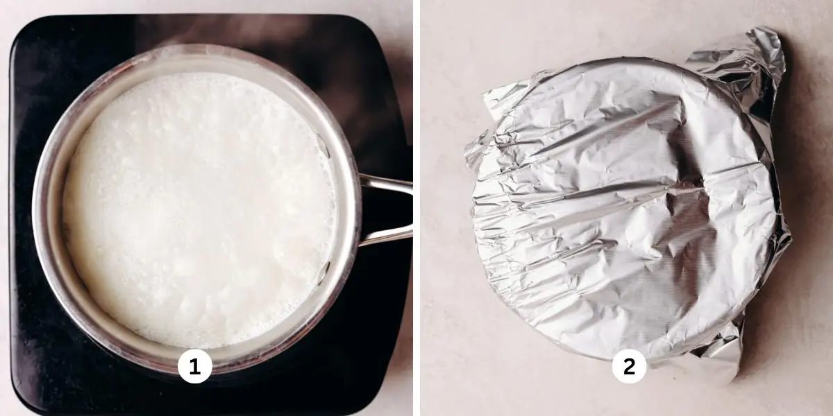 Heating heavy cream in a saucepan over a induction cook top then covering chocolate chips and heavy cream with aluminum foil.