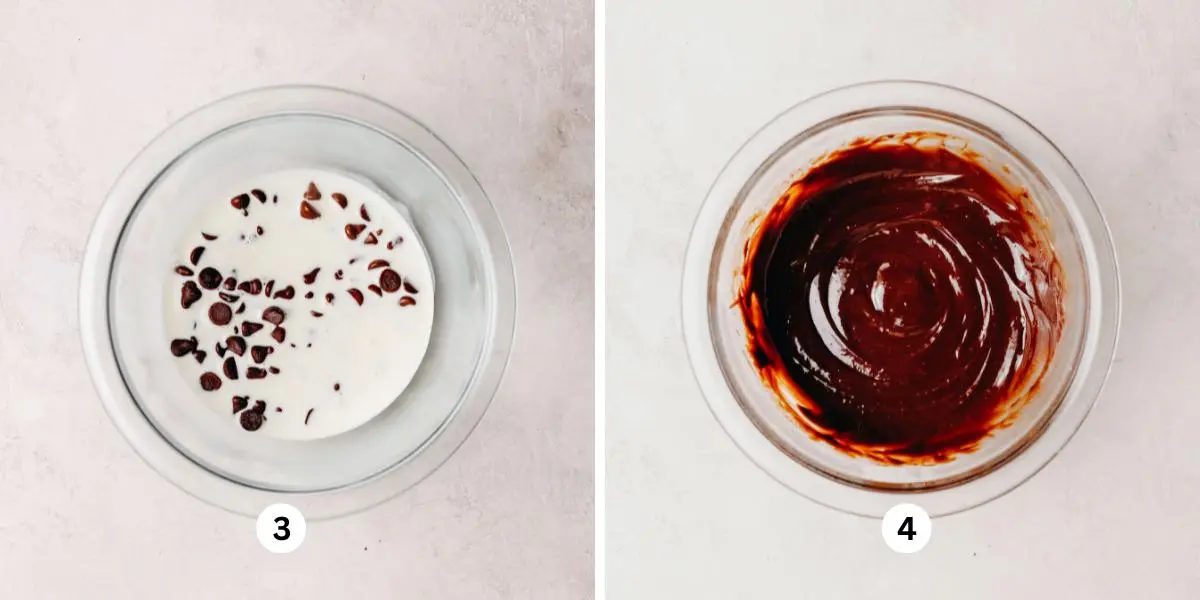 First image is a glass bowl filled with heavy cream and chocolate chips on a white background. Second image is a glass bowl with whisked chocolate ganache on a white background.