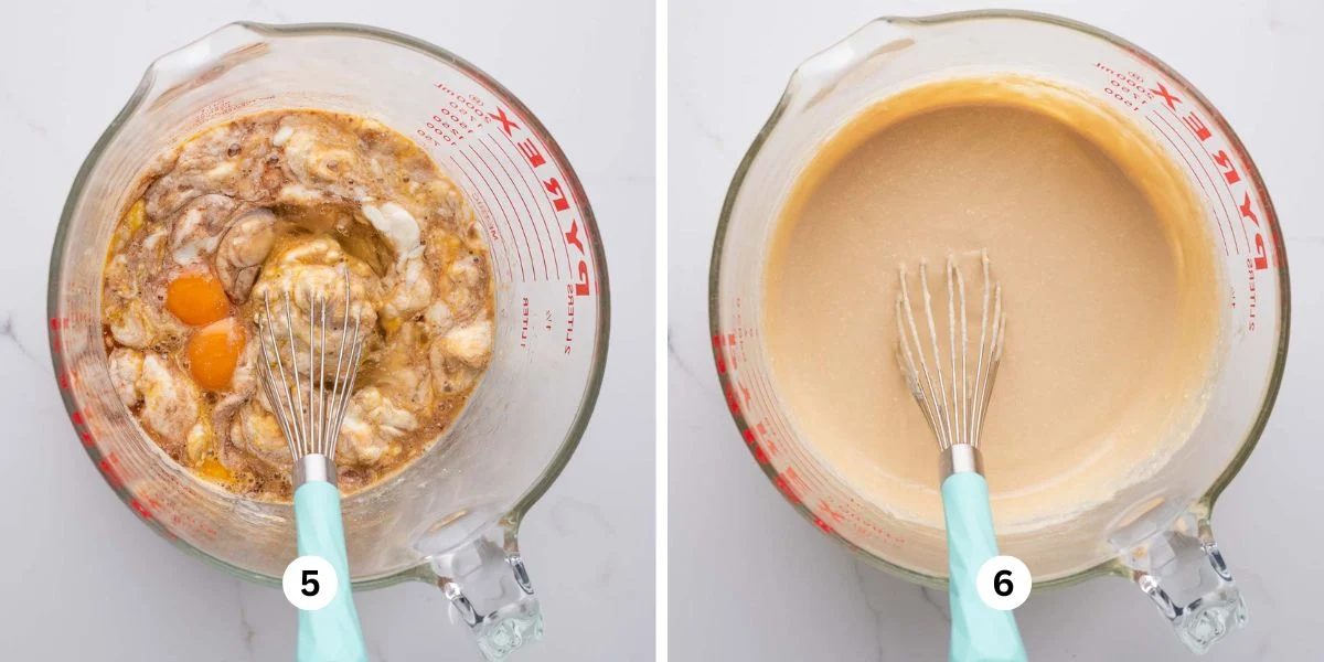 Small light blue handle whisk mixing the eggs, ricotta cheese, and vanilla extract together in a large glass bowl on a white marbled background.