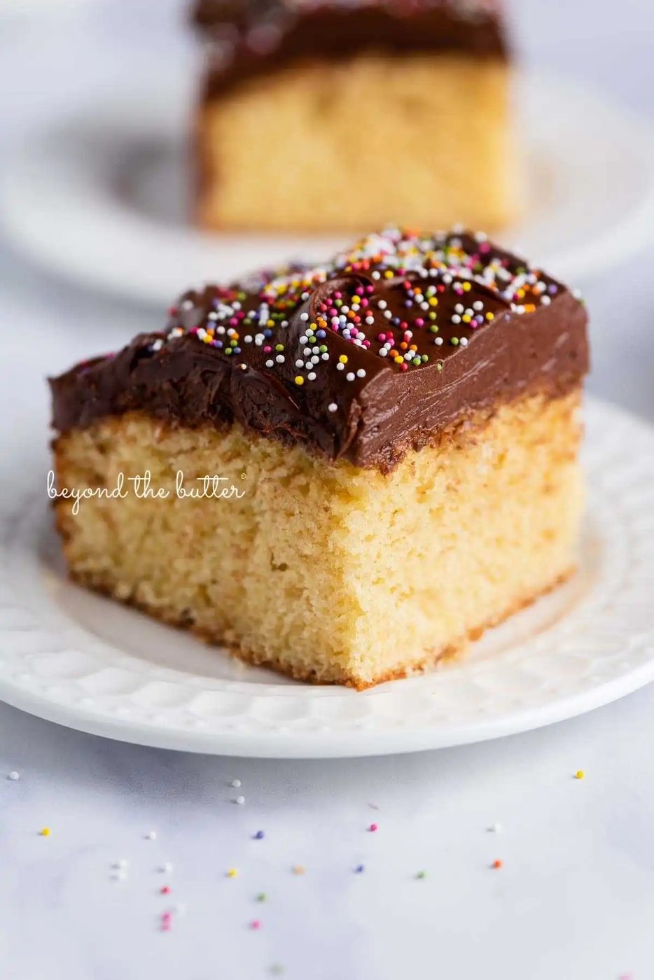 Slices of yellow sheet cake with chocolate frosting and rainbow colored nonpareils on white ceramic dessert plates.