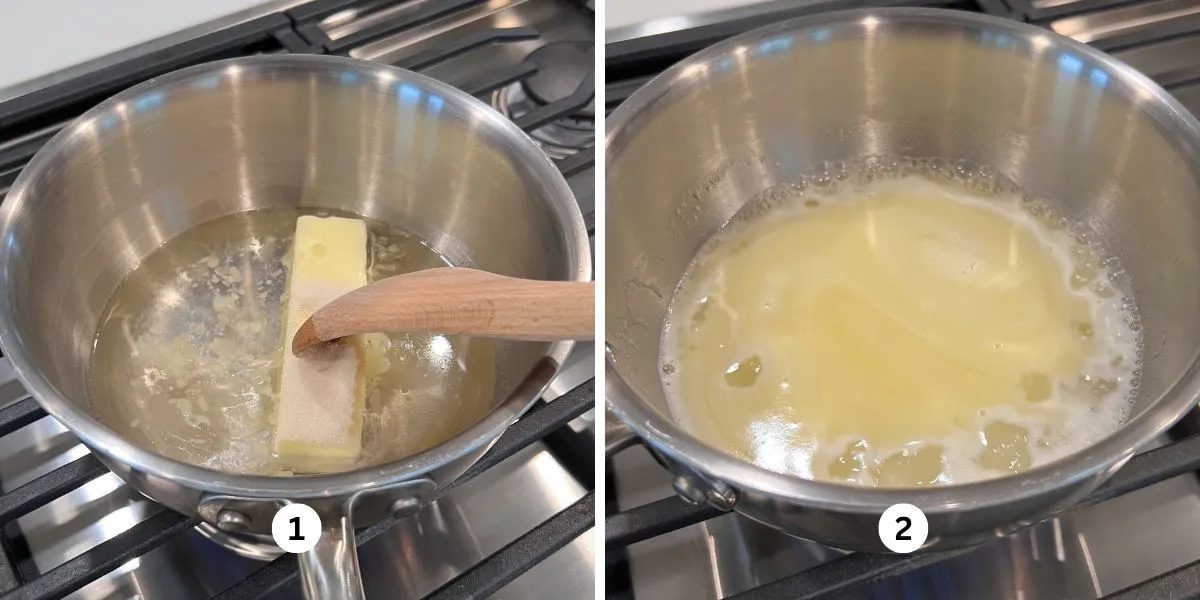 Melting butter, sugar, salt, and water together in a medium size stainless steel saucepan over a cooktop.