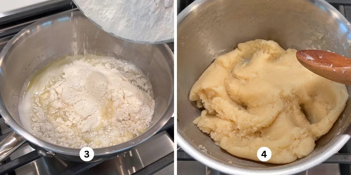 Adding flour to choux pastry mixture using a wooden spoon in a medium-size stainless steel sauce pan over a cooktop.