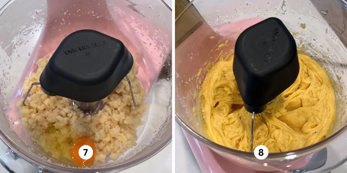 Adding eggs one at a time to choux pastry mixture in a cloudy pink colored Ankarsrum assistent original mixer.