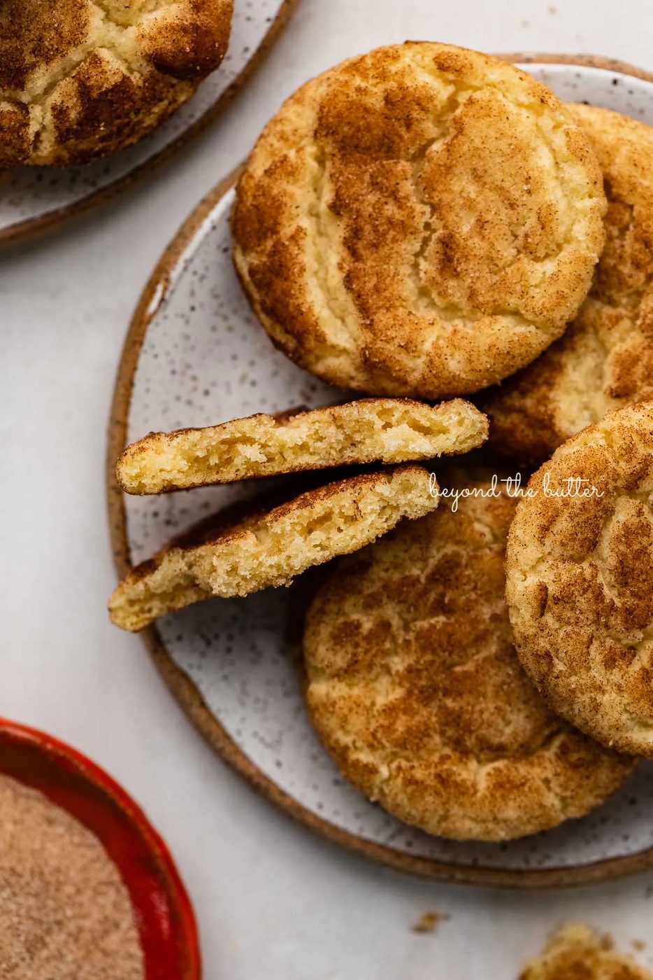Plate of familiar snickerdoodle cookies on white background | © Sovuh
