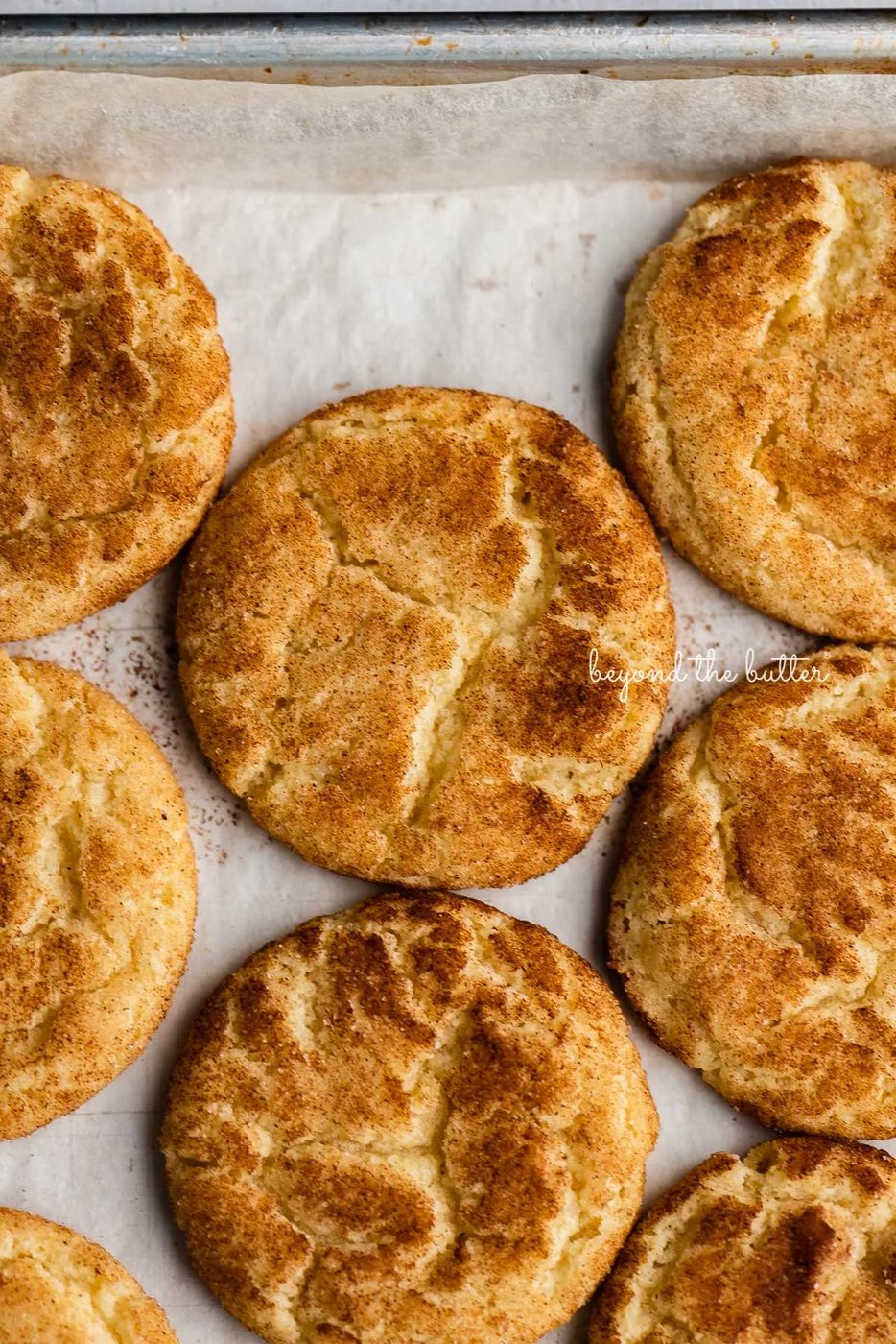 Familiar snickerdoodle cookies on a parchment paper lined baking sheet | © Sovuh
