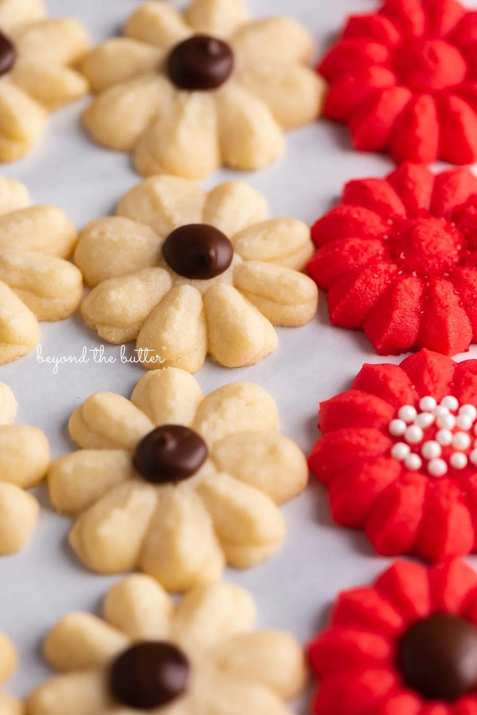 Decorated familiar buttery spritz cookies lined up on a white marbled background | © Sovuh