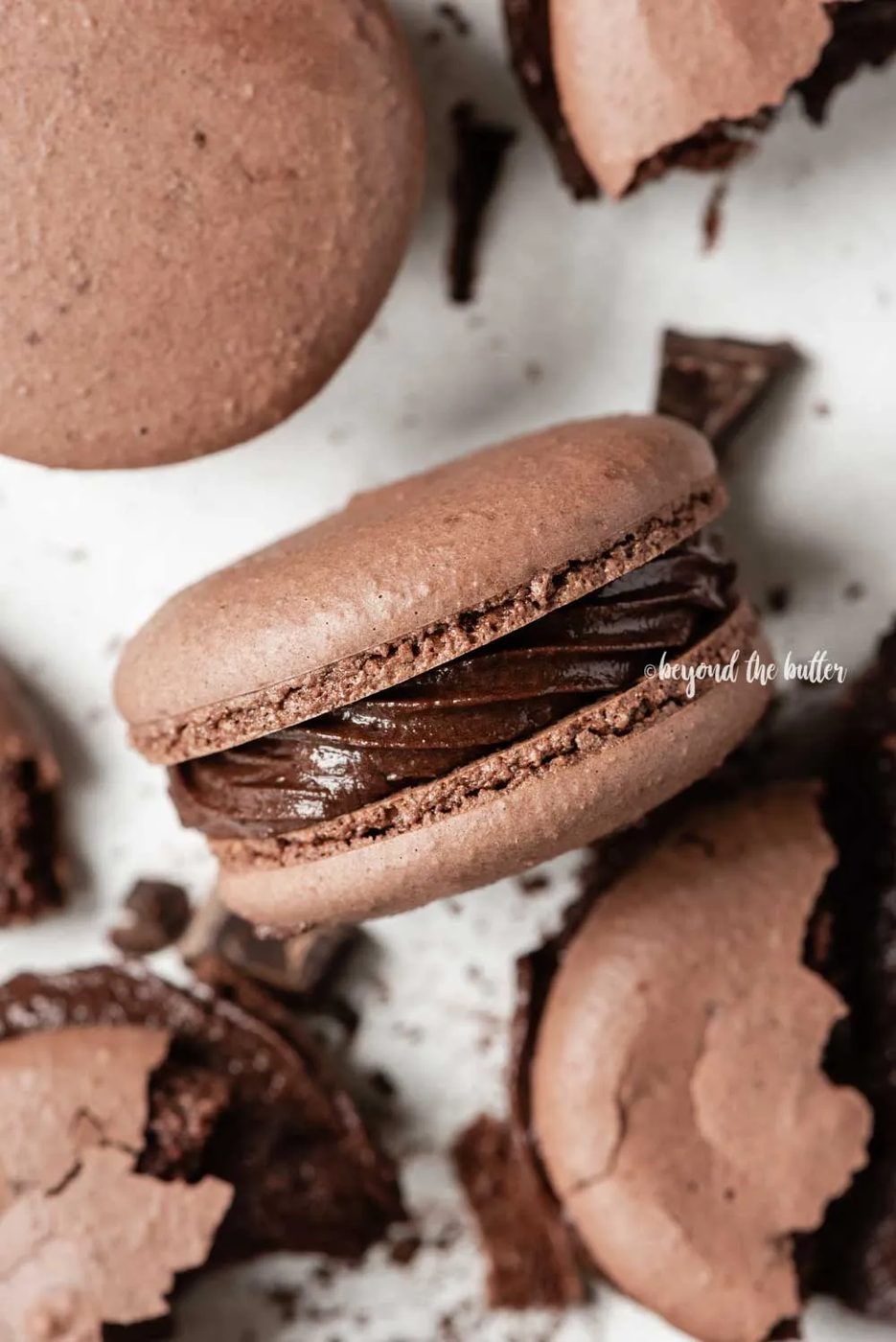 Overhead image of scattered dark chocolate macarons with close up and centered on its side | All Images © Sovuh