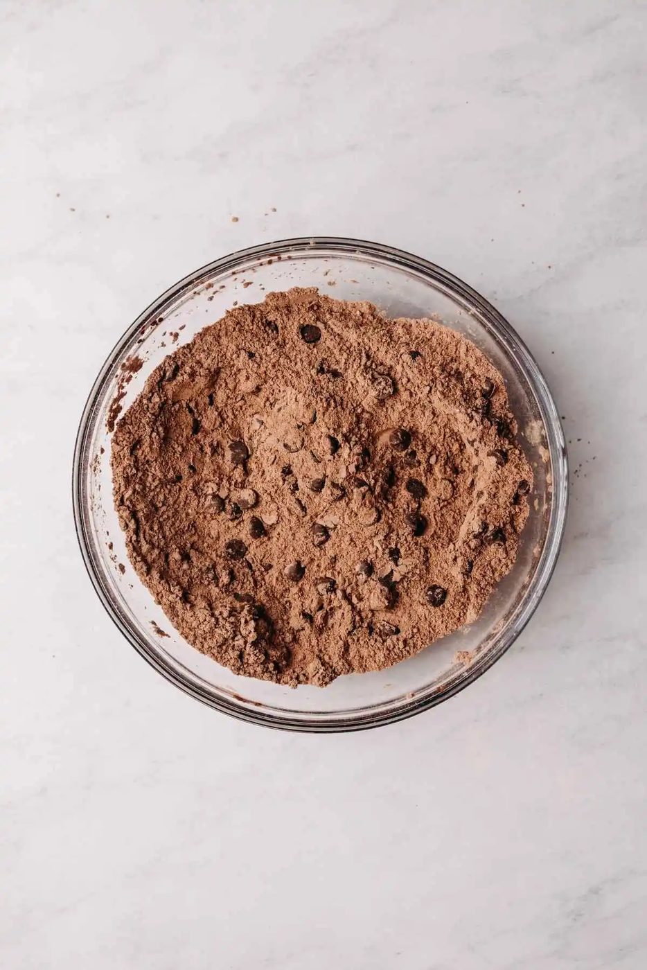 Whisked all purpose flour, cocoa powders, baking soda, baking powder, and salt together in a glass bowl with chocolate chips stirred in.