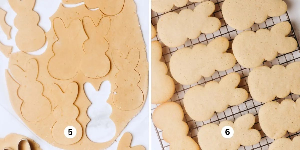 Cutting out bunny cookies using a cookie cutter and cooling just baked easter bunny cookies on a cooling rack.