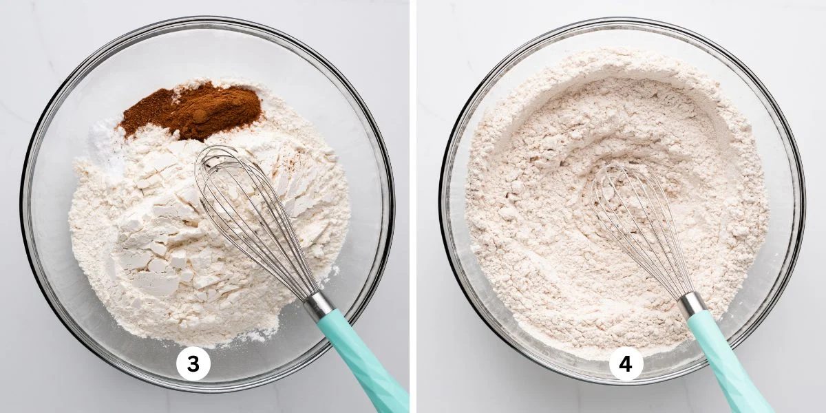 Whisking all-purpose flour, cinnamon, nutmeg, and salt together in a large glass bowl on a white quartz background.