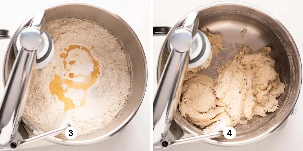 Two images of an Ankarsrum mixer adding all-purpose flour, salt, and oil to the mixing bowl and then mixing it into the dough for first rise.
