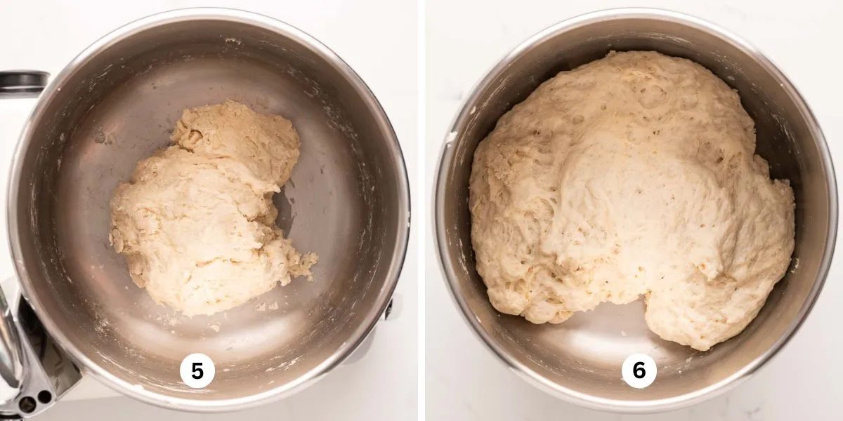 Two images of french bread dough rising in a stainless steel mixing bread bowl on a white marbled background.