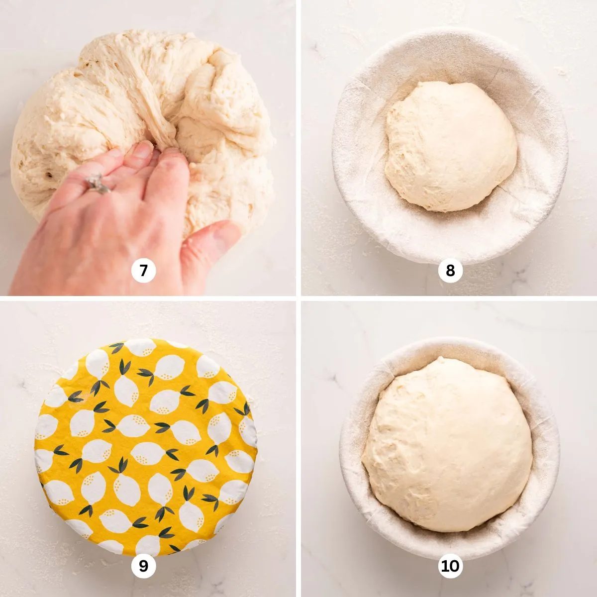 4 images showing a hand kneading dough, the dough in a banneton, the dough covered with a lemon yellow colored food bowl cover, and the bread dough proofed and ready to bake.