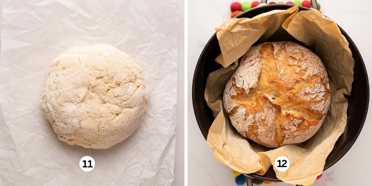 Two images showing the french bread pre-baked and placed on crumpled parchment paper ready to go into the heated dutch oven, with the second image showing just baked french bread in the gray dutch oven that's sitting on two felted hot pads.