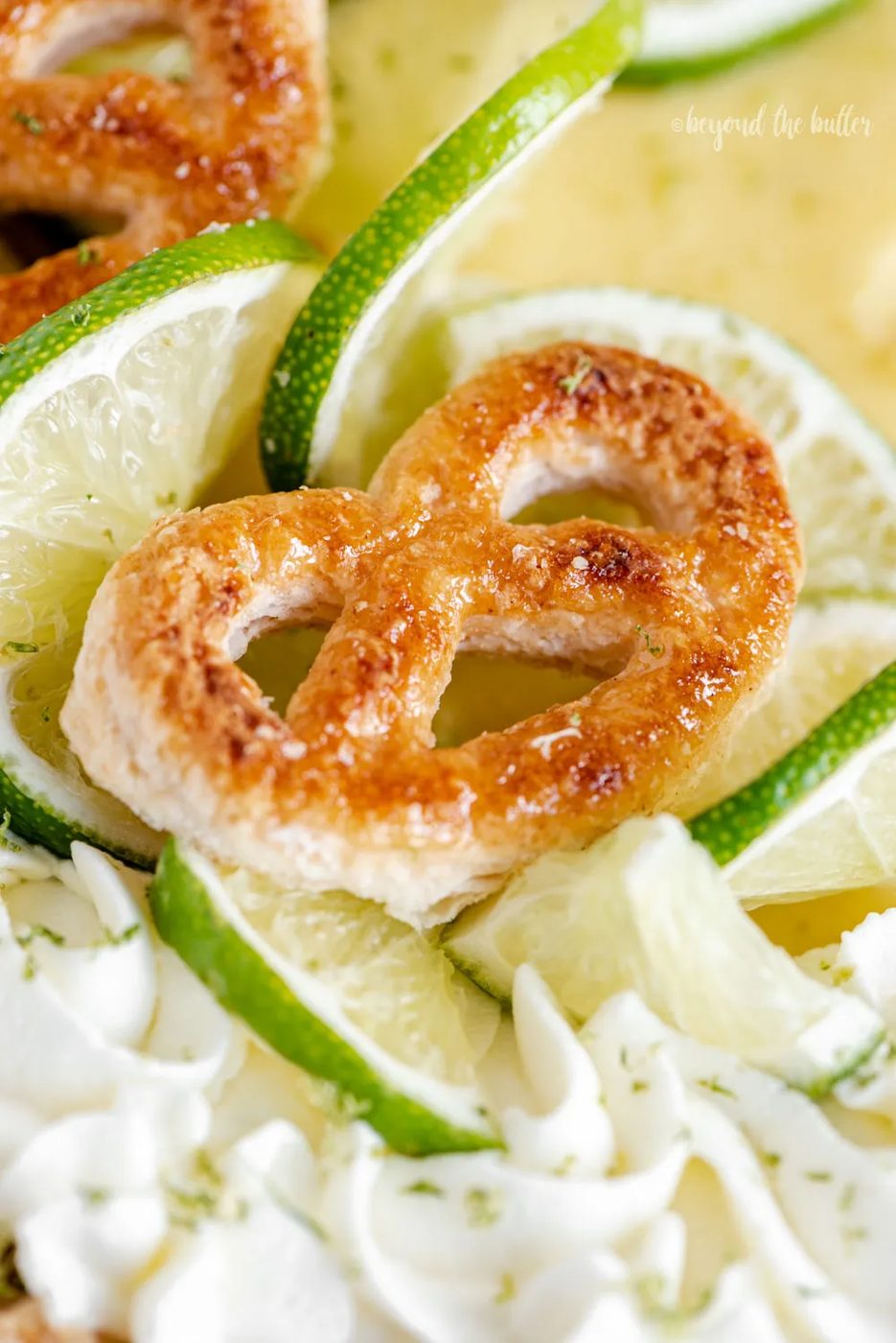 Easy Key Lime Pie decorated with house-made whipped cream, puff pastry twists, and sliced limes | Image and Copyright Policy: © Sovuh, LLC