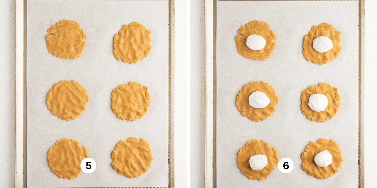 Steps 5 and 6 showing how to shape the fluffernutter cookie dough into small discs and adding a scoop of marshmallow fluff to each center.