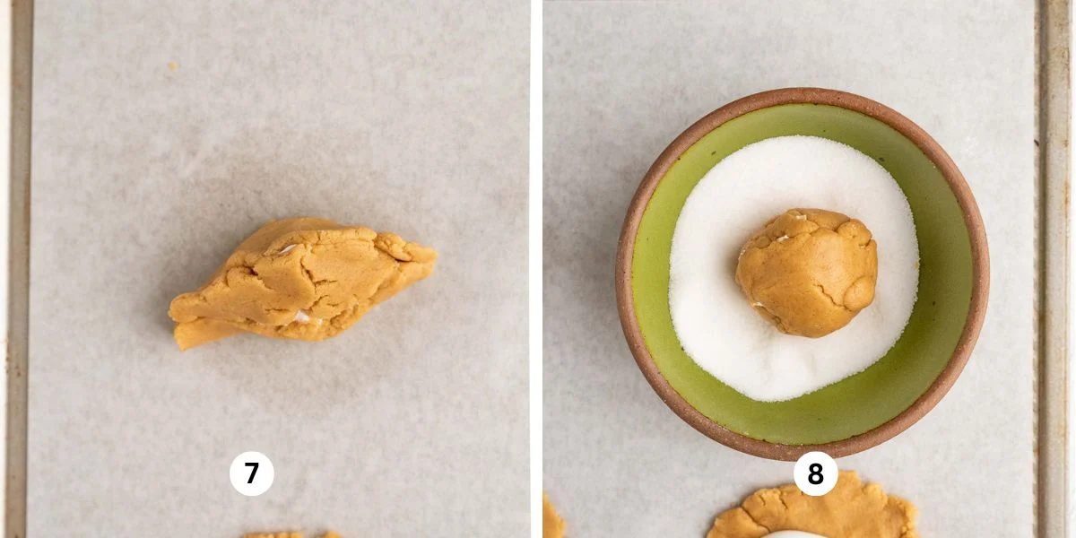 Shaping and rolling fluffernutter cookie dough balls in granulated sugar.