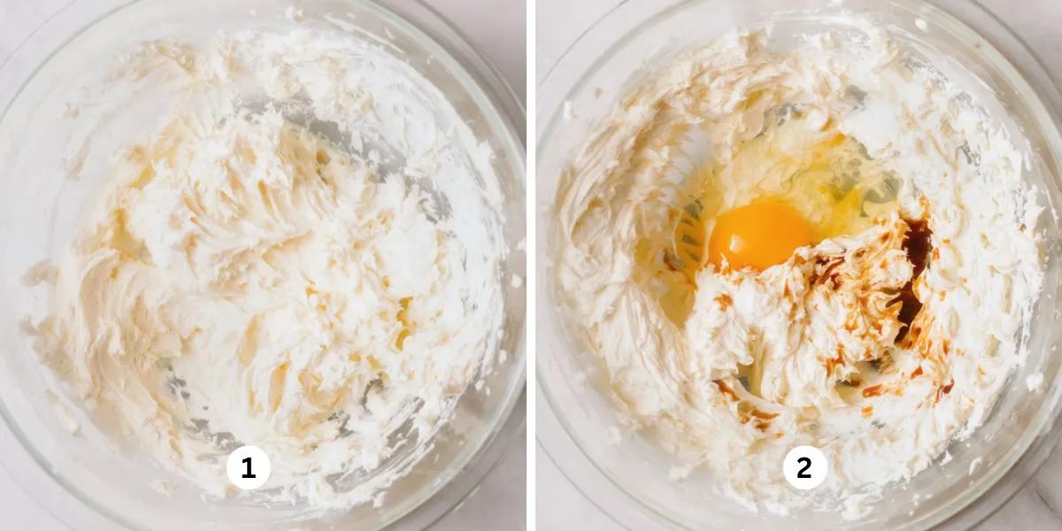 Blending cream cheese and unsalted butter together, then adding an egg and vanilla extract in a large glass bowl on a white background.