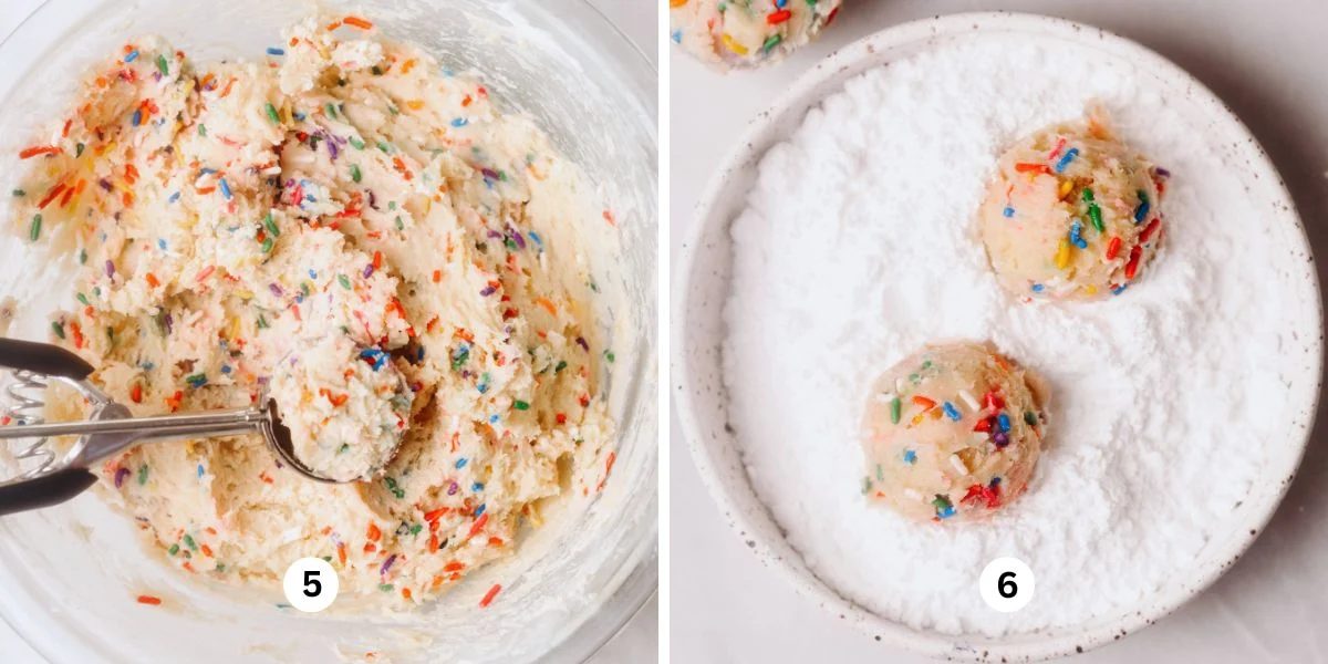 Scooping funfetti cookie dough out of a large glass bowl with a cookie scoop then rolling each cookie dough ball in a white ceramic shallow bowl of powdered sugar on a white background.