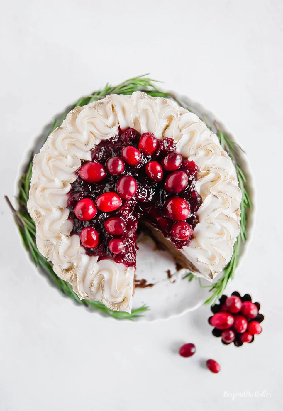 Gingerbread Cake | Overhead photo of Gingerbread Cake with Maple Buttercream Frosting and Cranberry Compote | Image Credit: Sovuh, LLC