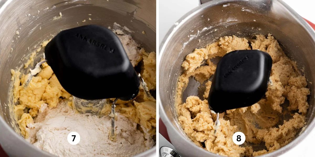 Adding in the dry ingredients to the wet mixture in the Ankarsrum mixer blending until well combined.