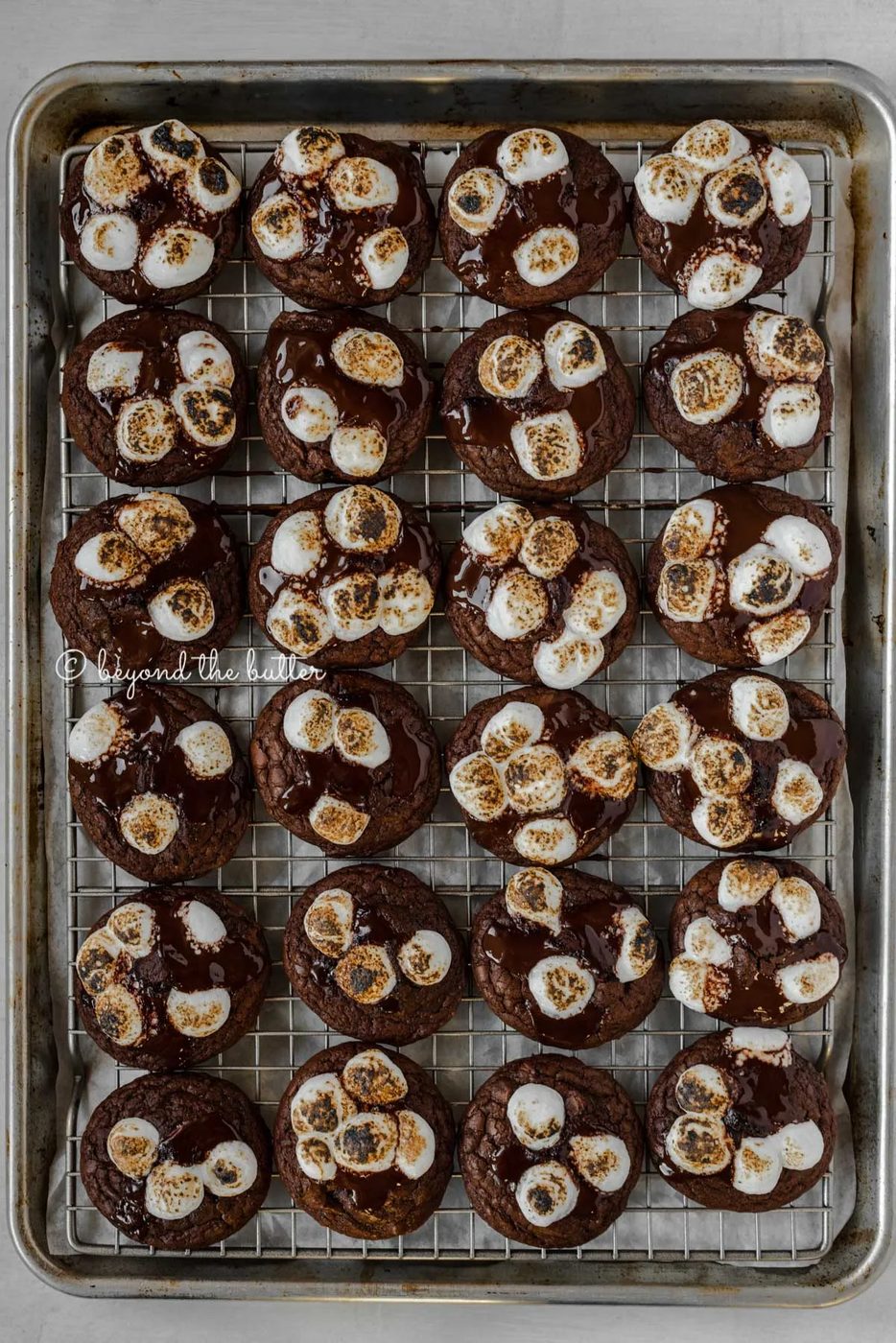Overhead image of hot chocolate mini marshmallow cookies on a cooling rack lined baking sheet | All Images © Sovuh